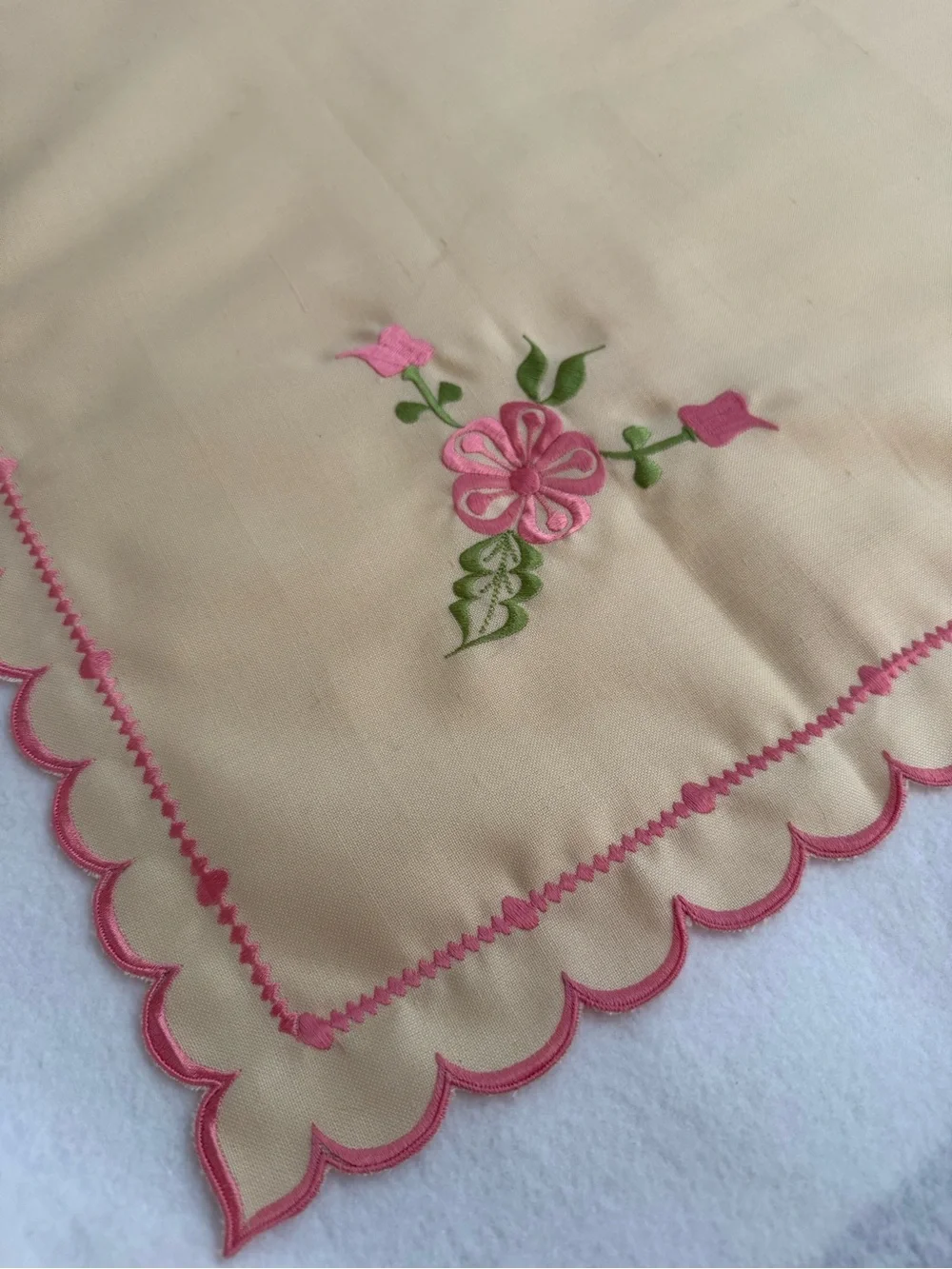 Ivory Pink & Green Floral Embroidered Pillowcase, Scalloped Edge, 33x 23 VTG
